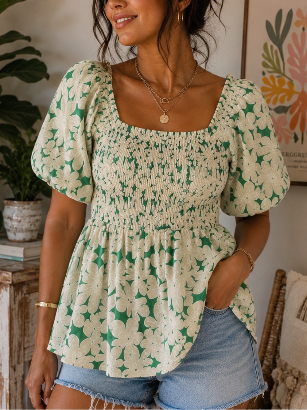 Doe & Rae Green Floral Smocked Tunic Top Coquette Milkmaid Peasant Style | M